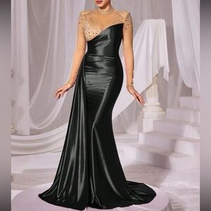 Luxe rhinestone decor mesh detail party formal prom satin gown dress